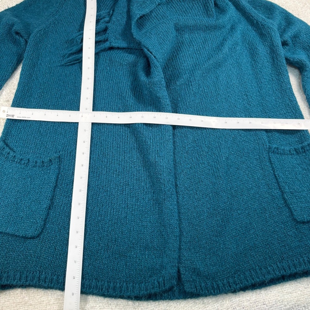 bass blue knit scarf cardigan fringe open front boho chic quiet luxury shawl - Picture 7 of 8